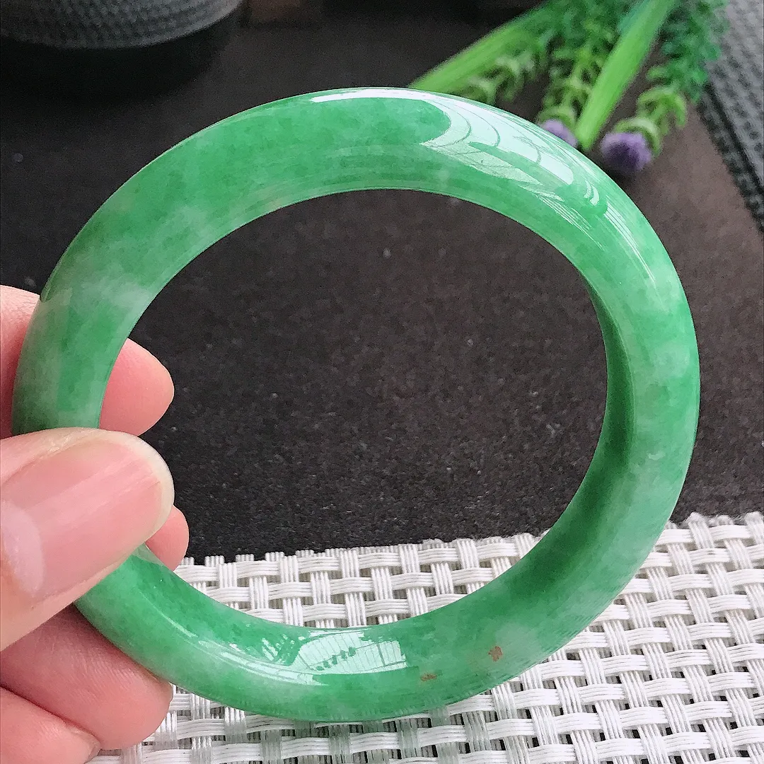 天然A货翡翠58.5/11.8/9.2老坑精美温润满绿手镯宽边玉镯