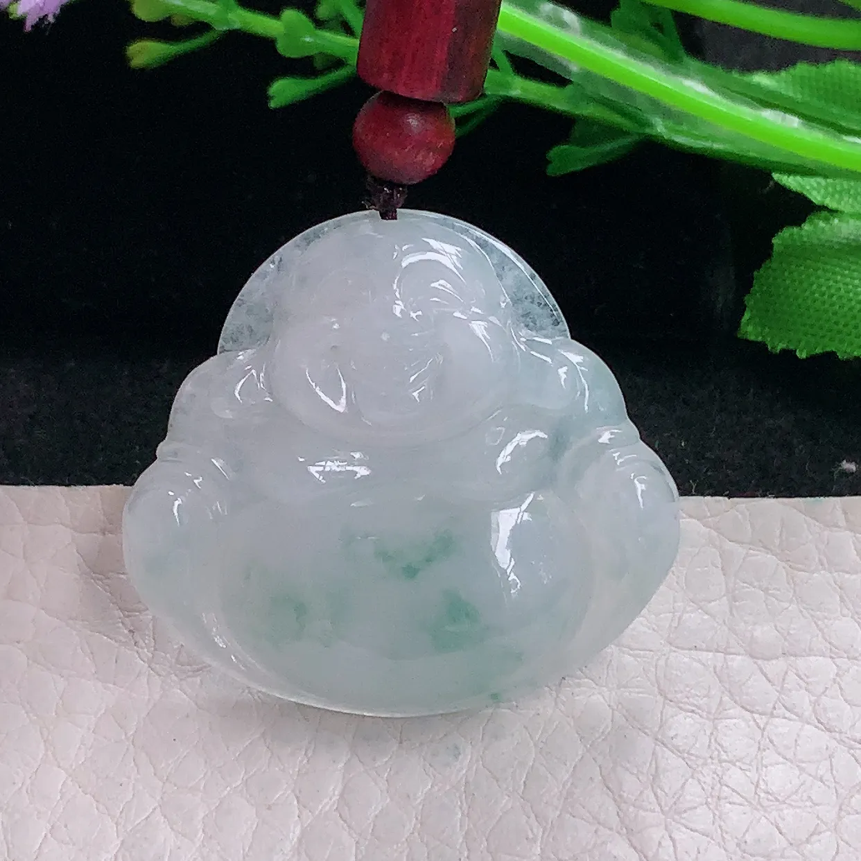 zen自然光31.3*35.8*6.6缅甸翡翠a货饱满冰飘花佛公 弥勒佛玉吊坠 玉挂件