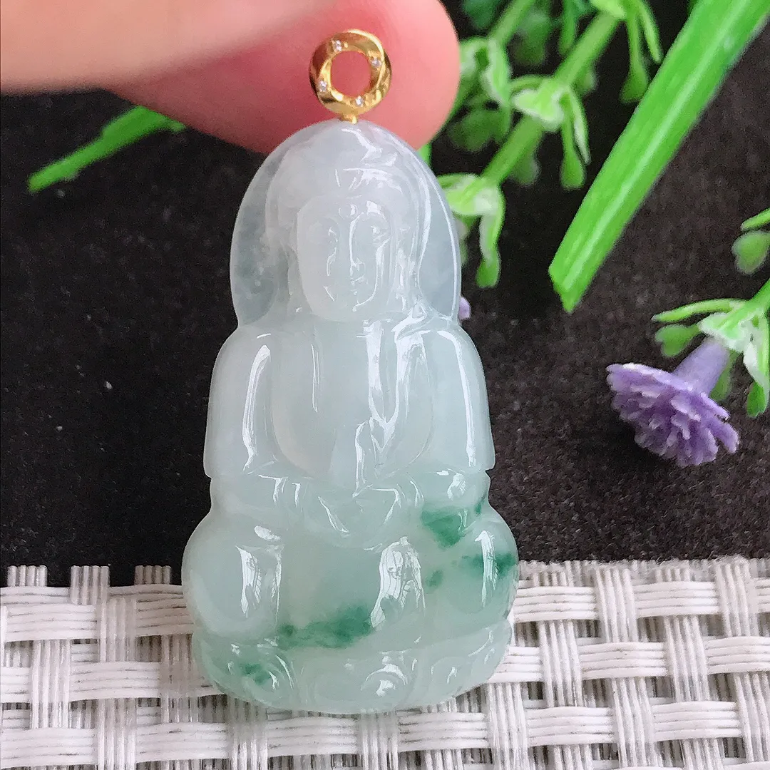 天然A货翡翠37.8/21.5/5.8老坑18k金镶嵌冰润飘花小观音吊坠翡翠挂件