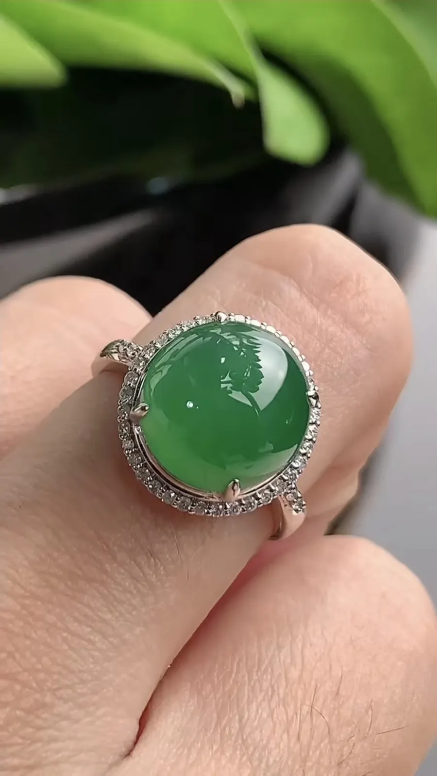 a货翡翠老坑冰种18K金伴钻镶嵌满绿蛋面戒指 圈口17.4裸石尺寸11.2×10.8mm 重量4.05g 1208