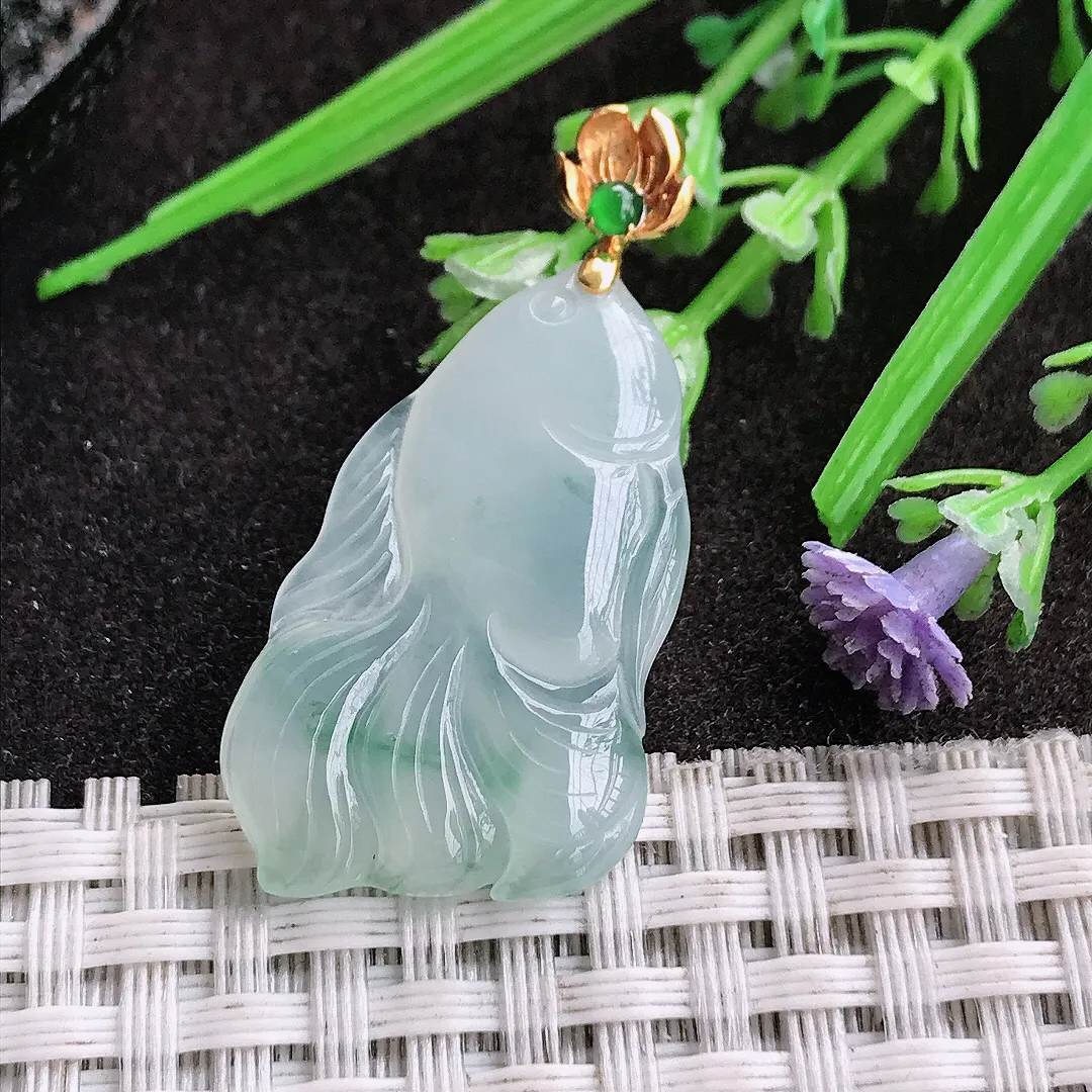 天然A货翡翠31/19.2/5老坑18k金镶嵌冰胶果冻冰晴金鱼吊坠翡翠挂件