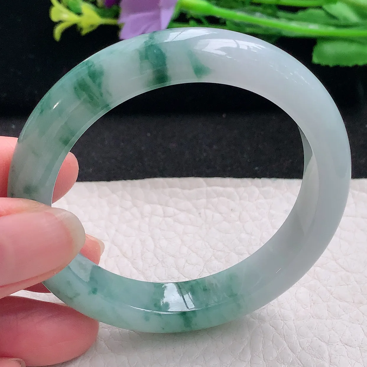 z自然光53*11.3*8.2平安镯 翡翠a货玉手镯冰飘花秀气宽边珠宝玉手环