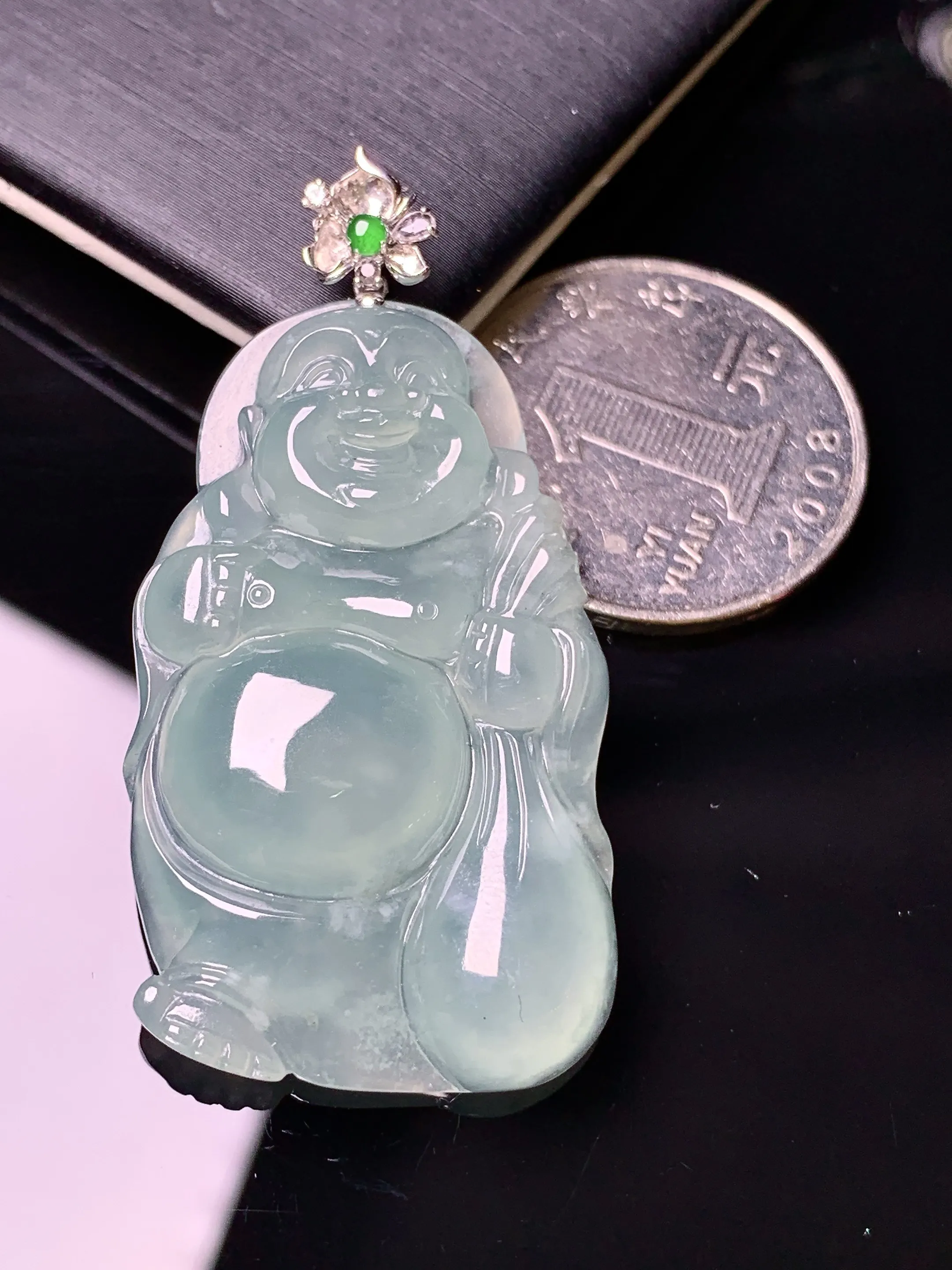 18k金镶嵌冰种佛公吊坠 玉质细腻 水润亮眼 色泽艳丽 整体尺寸48*24.5*5.8