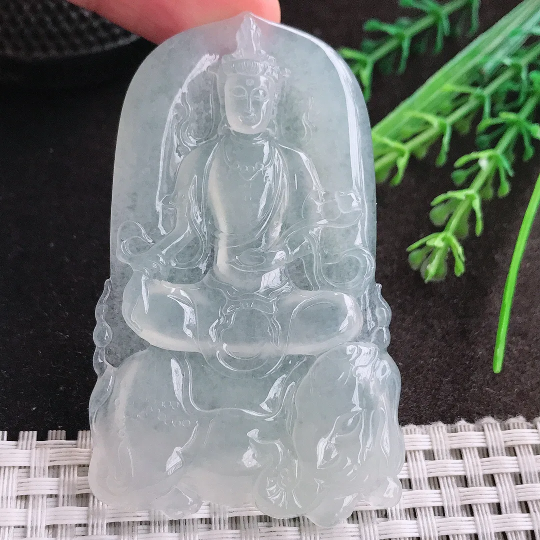 天然A货翡翠70/43.6/5.9老坑冰种起胶冰纯普贤菩萨吊坠翡翠挂件