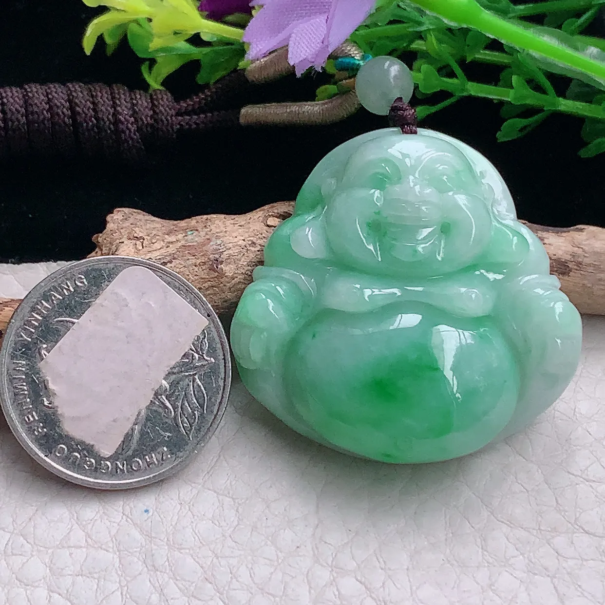 zen自然光38*38*11缅甸翡翠a货饱满飘绿佛公 弥勒佛玉吊坠 玉挂件