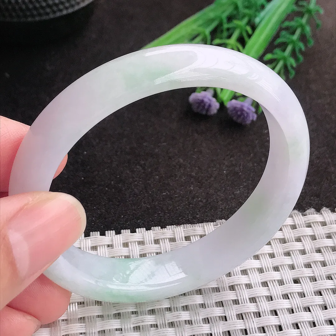 天然A货翡翠55/47.8/12.5/7.8老坑秀气温润飘花贵妃手镯宽边玉镯