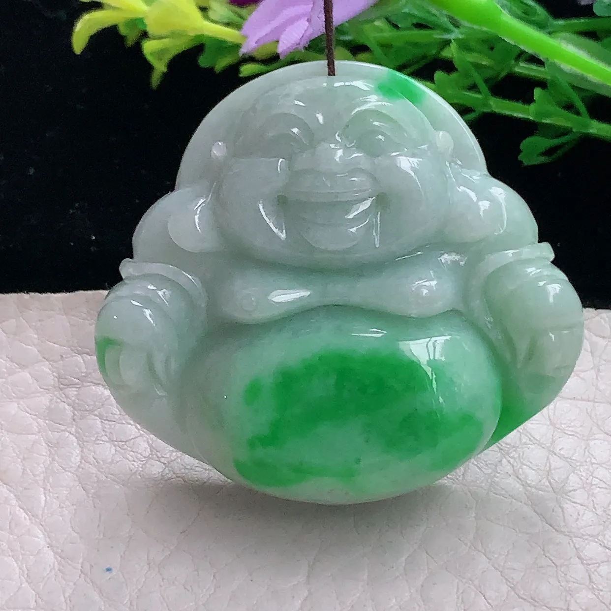 zen自然光41*46*12.5缅甸翡翠a货饱满辣绿佛公 弥勒佛玉吊坠 玉挂件