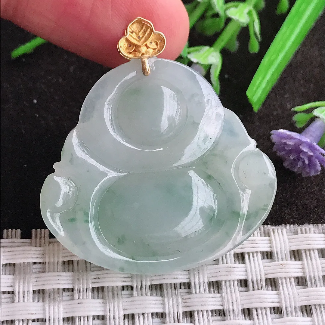 天然A货翡翠29.7/33.2/7.1老坑18k金镶嵌冰胶飘花佛公吊坠翡翠挂件