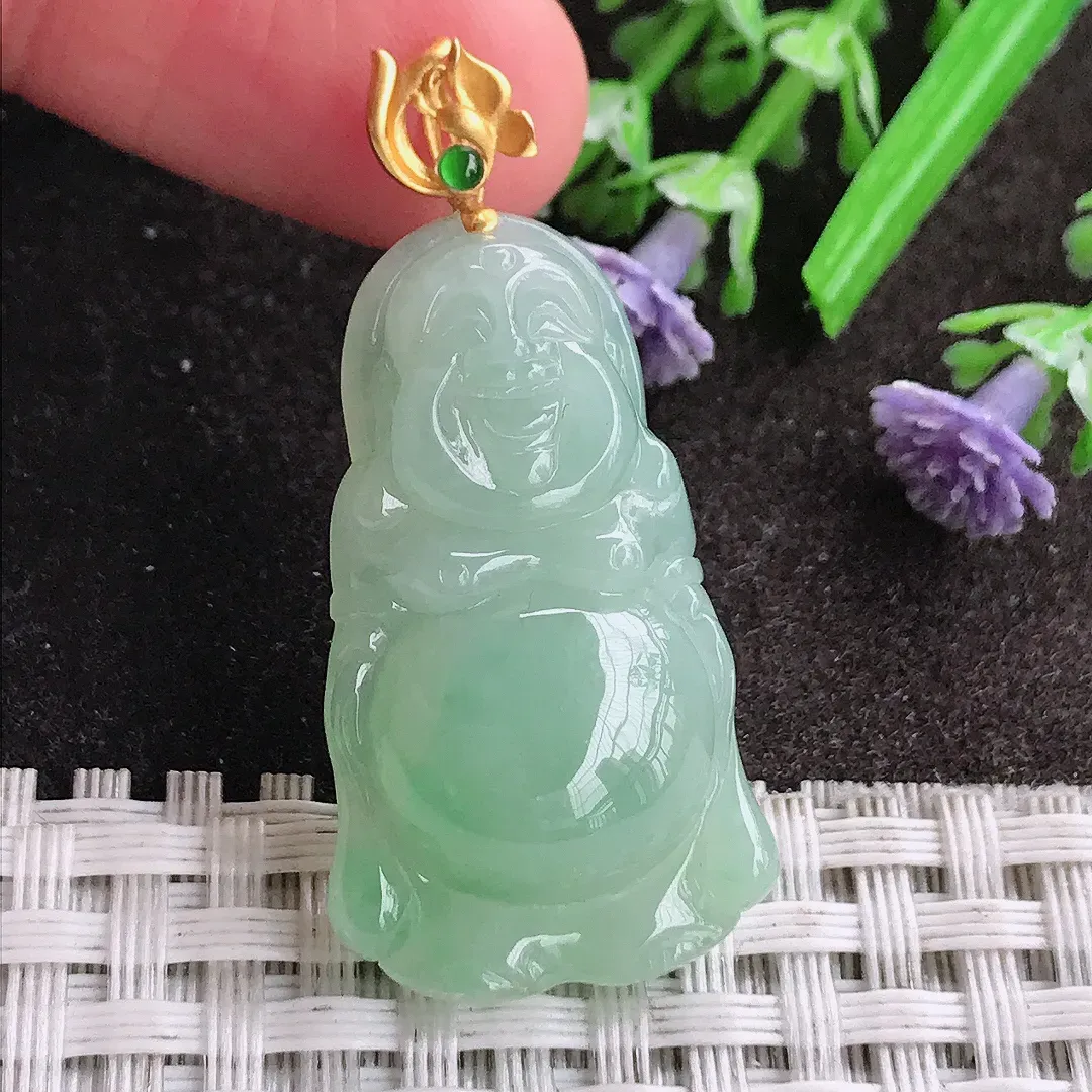 天然A货翡翠34/19.7/7.6老坑18k金镶嵌冰胶冰晴绿佛公吊坠翡翠挂件