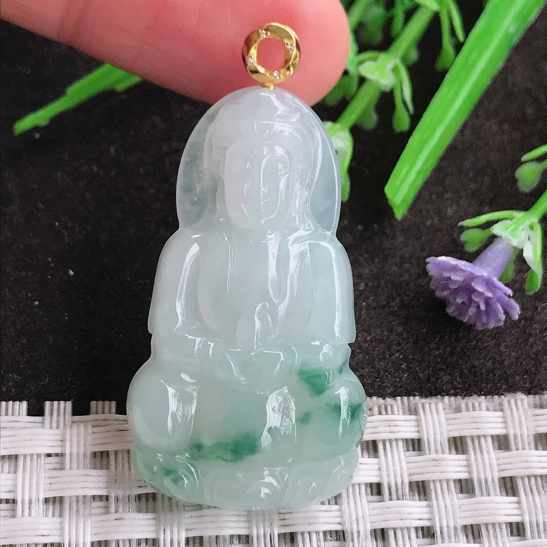天然A货翡翠37.8/21.5/5.8老坑18k金镶嵌冰润飘花小观音吊坠翡翠挂件