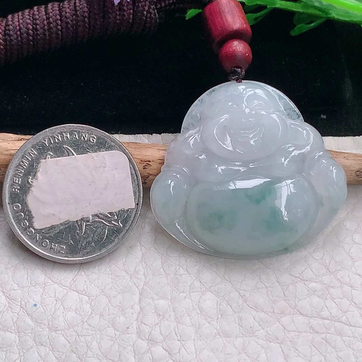 zen自然光31.3*35.8*6.6缅甸翡翠a货饱满冰飘花佛公 弥勒佛玉吊坠 玉挂件