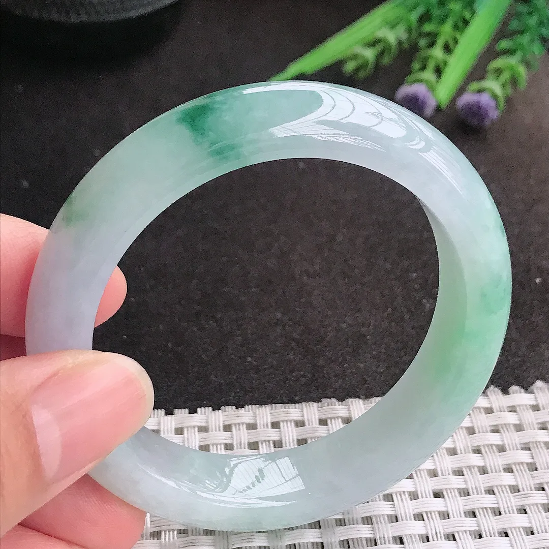 天然A货翡翠53/12.7/8.8老坑冰润起胶飘花手镯宽边玉镯