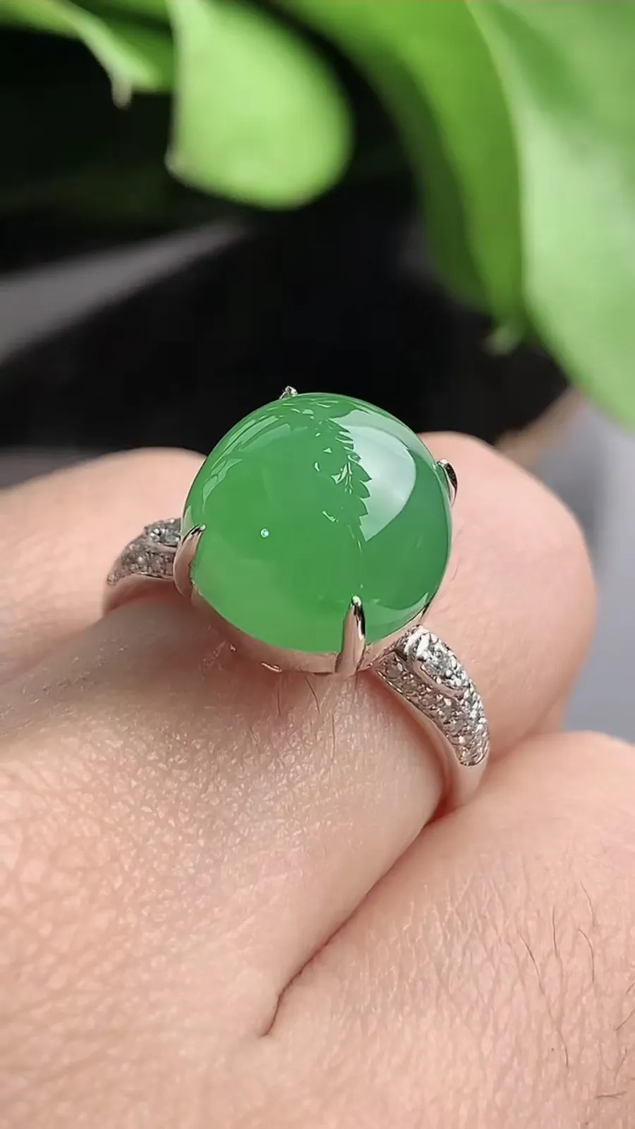 a货翡翠老坑冰种18K金伴钻镶嵌阳绿蛋面戒指 圈口17.6裸石尺寸11.6×11mm 重量4.60g