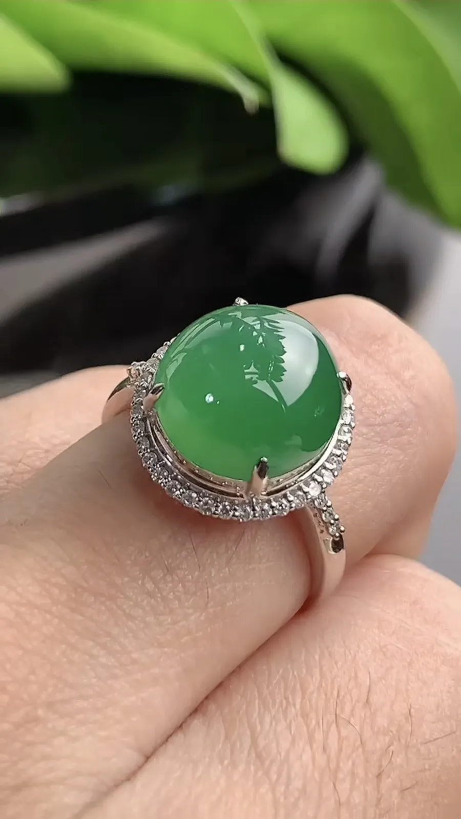 a货翡翠老坑冰种18K金伴钻镶嵌满绿蛋面戒指 圈口17.4裸石尺寸11.2×10.8mm 重量4.05g 1208