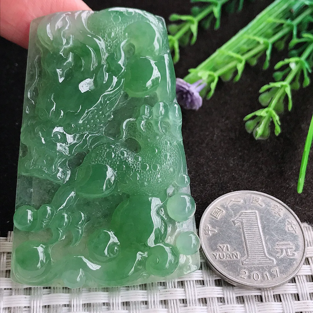 天然A货翡翠61/40.7/5.9老坑冰胶果冻冰晴满绿龙牌吊坠翡翠挂件