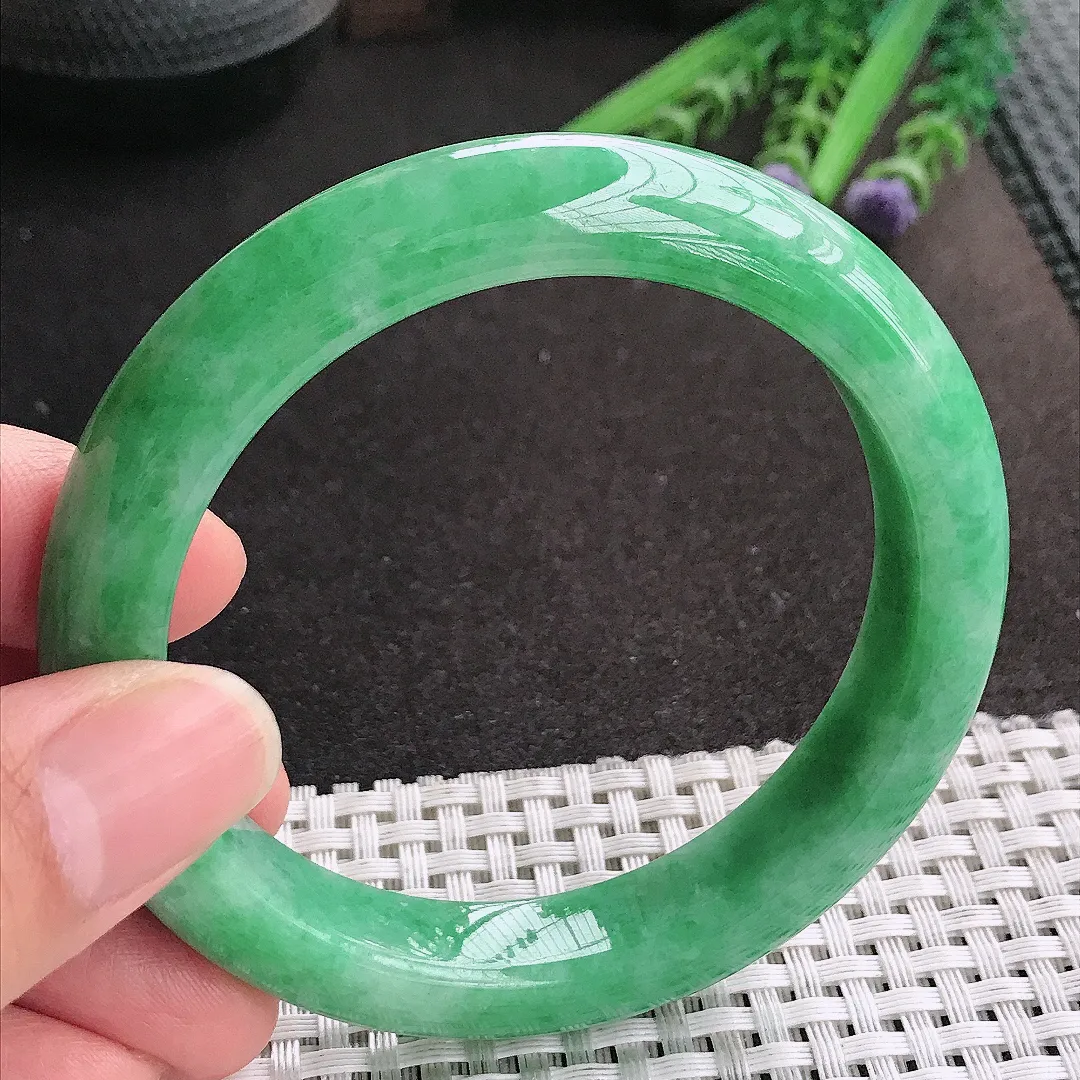 天然A货翡翠58.5/11.8/9.2老坑精美温润满绿手镯宽边玉镯