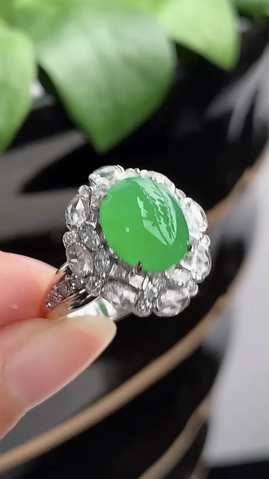 a货翡翠老坑冰种18K金伴钻镶嵌阳绿蛋面戒指 圈口17.6裸石尺寸10.7×8.6mm 重量6.14g 1209