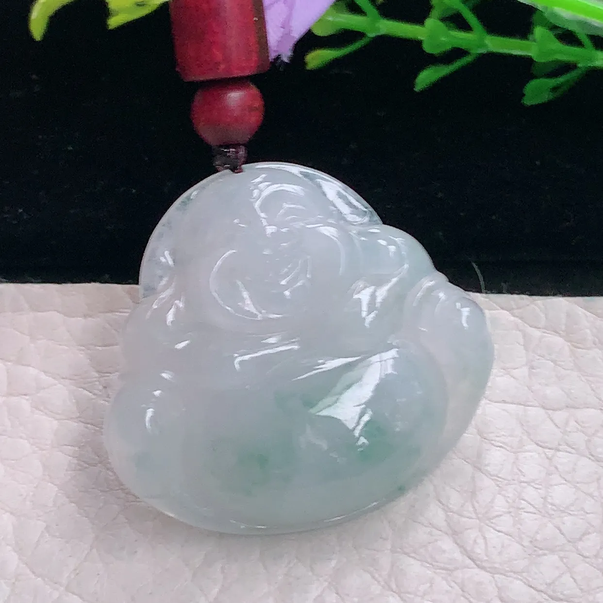 zen自然光31.3*35.8*6.6缅甸翡翠a货饱满冰飘花佛公 弥勒佛玉吊坠 玉挂件
