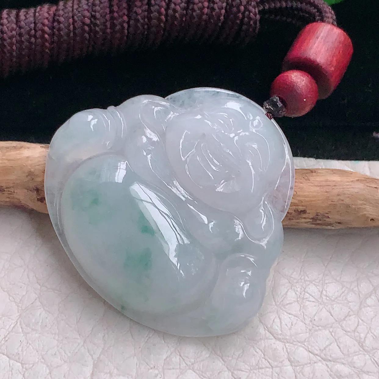 zen自然光31.3*35.8*6.6缅甸翡翠a货饱满冰飘花佛公 弥勒佛玉吊坠 玉挂件