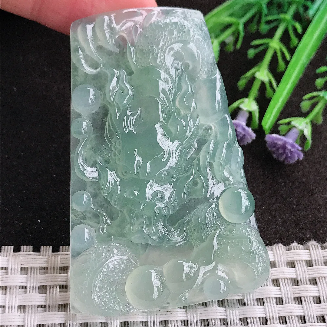 天然A货翡翠62.3/42.5/6老坑冰种果冻胶冰晴绿霸气龙牌吊坠翡翠挂件