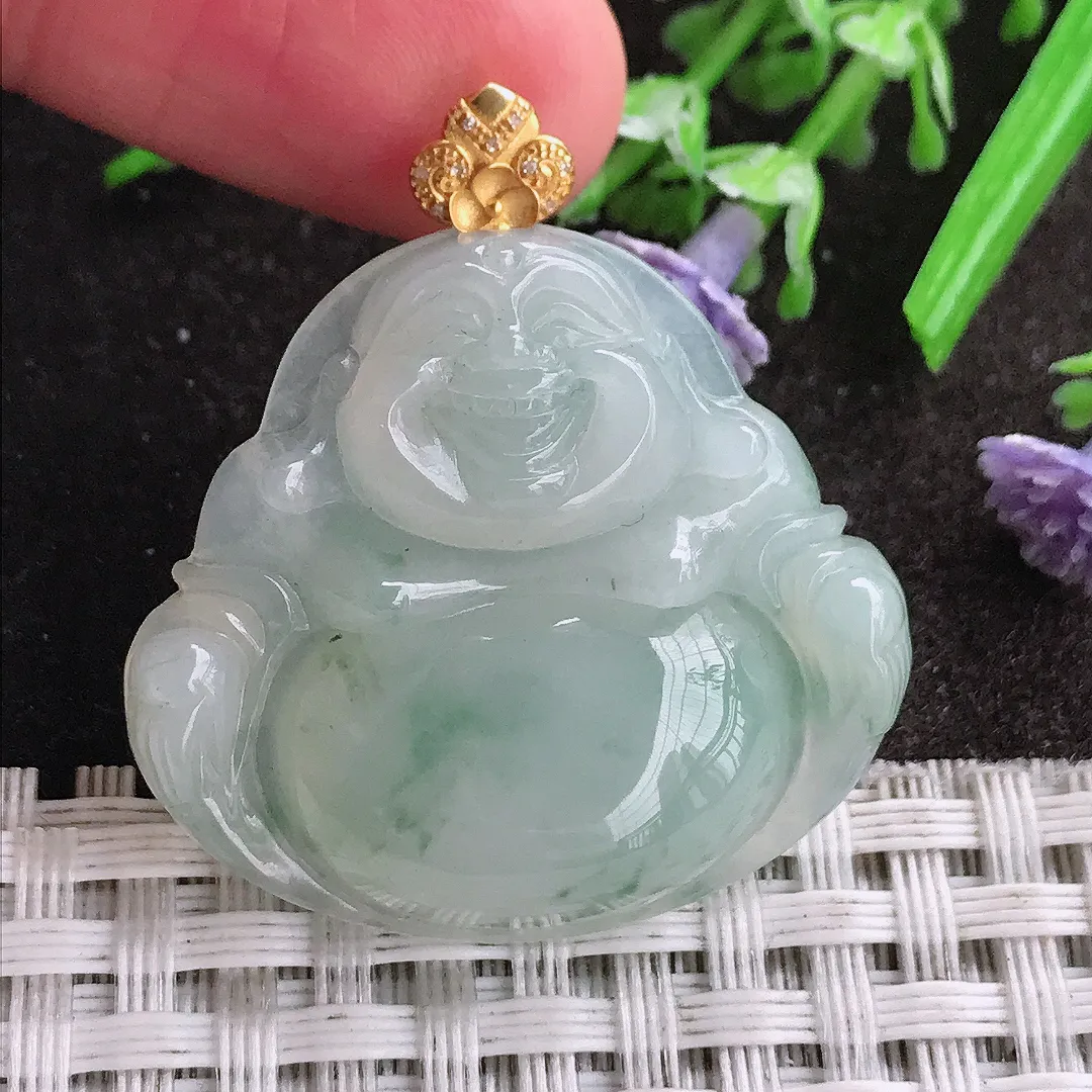 天然A货翡翠29.7/33.2/7.1老坑18k金镶嵌冰胶飘花佛公吊坠翡翠挂件