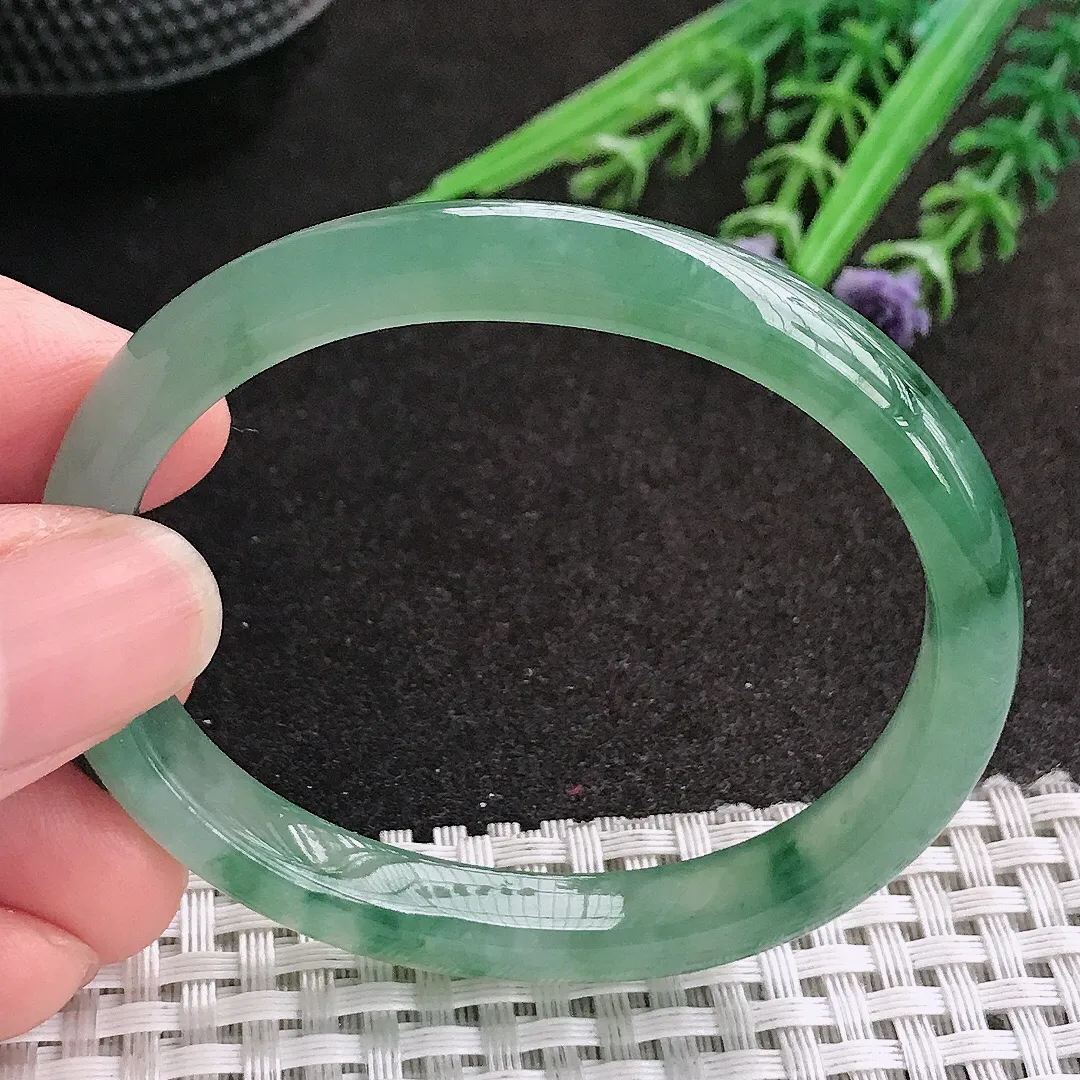 天然A货翡翠53/45.5/8.6/6.3老坑冰胶水灵飘花贵妃手镯玉镯