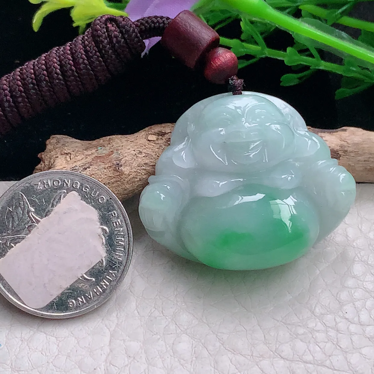 zen自然光30.8*37.5*12.3缅甸翡翠a货饱满飘绿佛公 弥勒佛玉吊坠 玉挂件