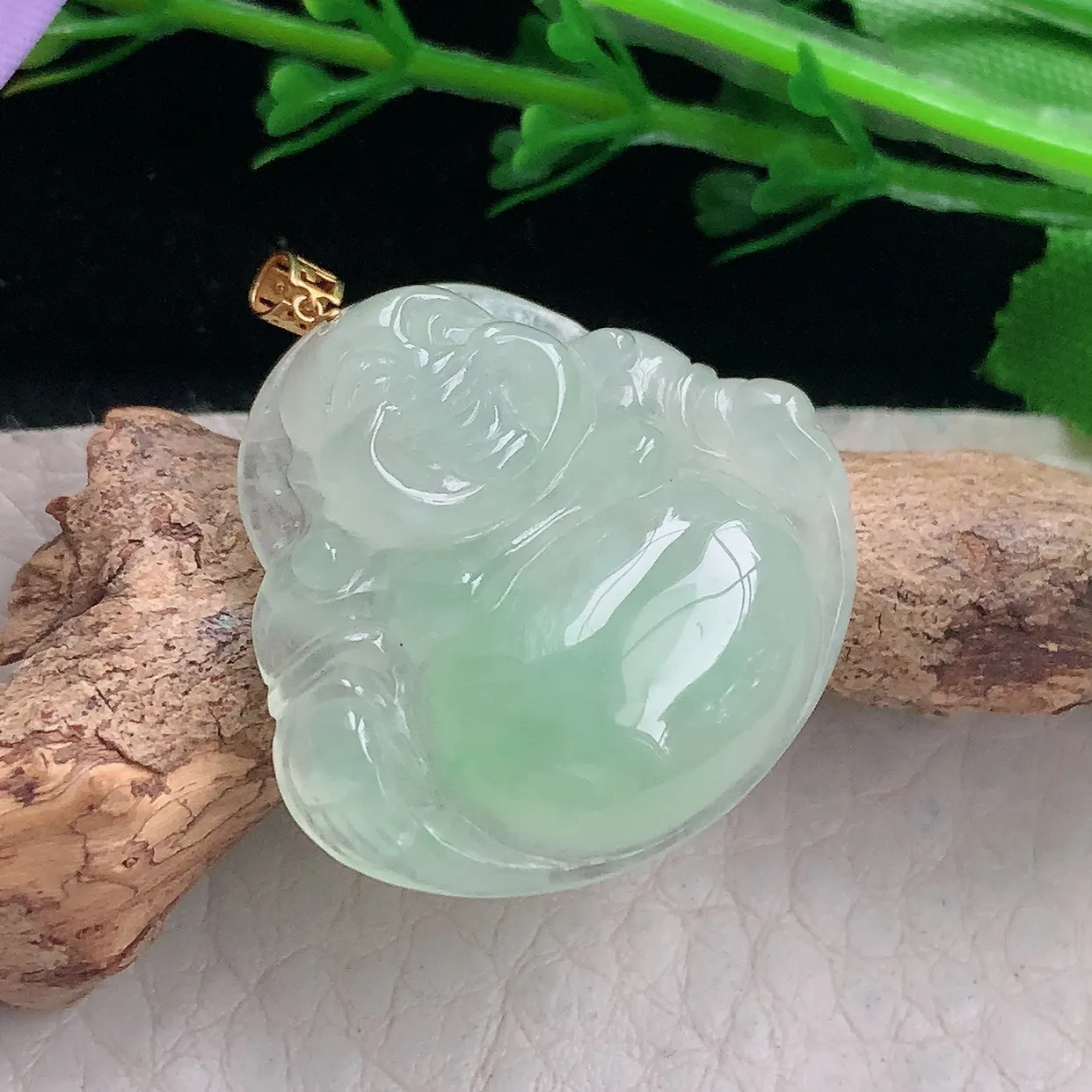 ws自然光25.6*27.8*6.6天然缅甸翡翠冰甜绿佛公 开心佛玉吊坠 玉挂件