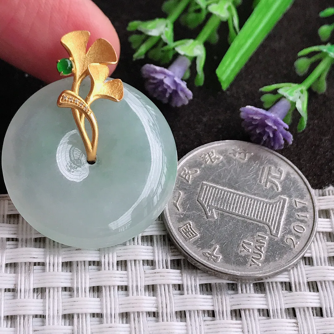 天然A货翡翠26.9/5.8老坑18k金镶嵌冰胶水灵平安扣吊坠翡翠玉扣挂件