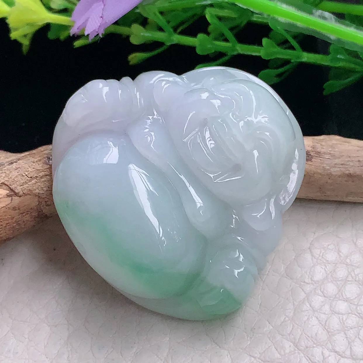 zen自然光38*39.8*12.3缅甸翡翠a货饱满飘花佛公 弥勒佛玉吊坠 玉挂件