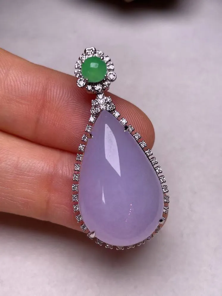 冰糯种紫罗兰滴水吊坠、真金真钻镶嵌，种水好，玉质细腻 .裸石尺寸 24.6*15.5