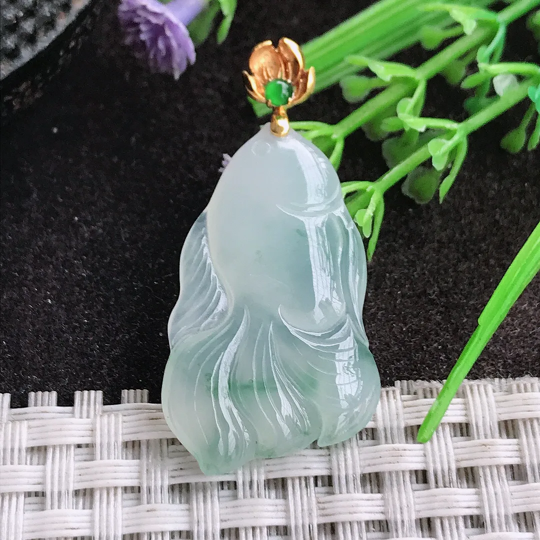 天然A货翡翠31/19.2/5老坑18k金镶嵌冰胶果冻冰晴金鱼吊坠翡翠挂件