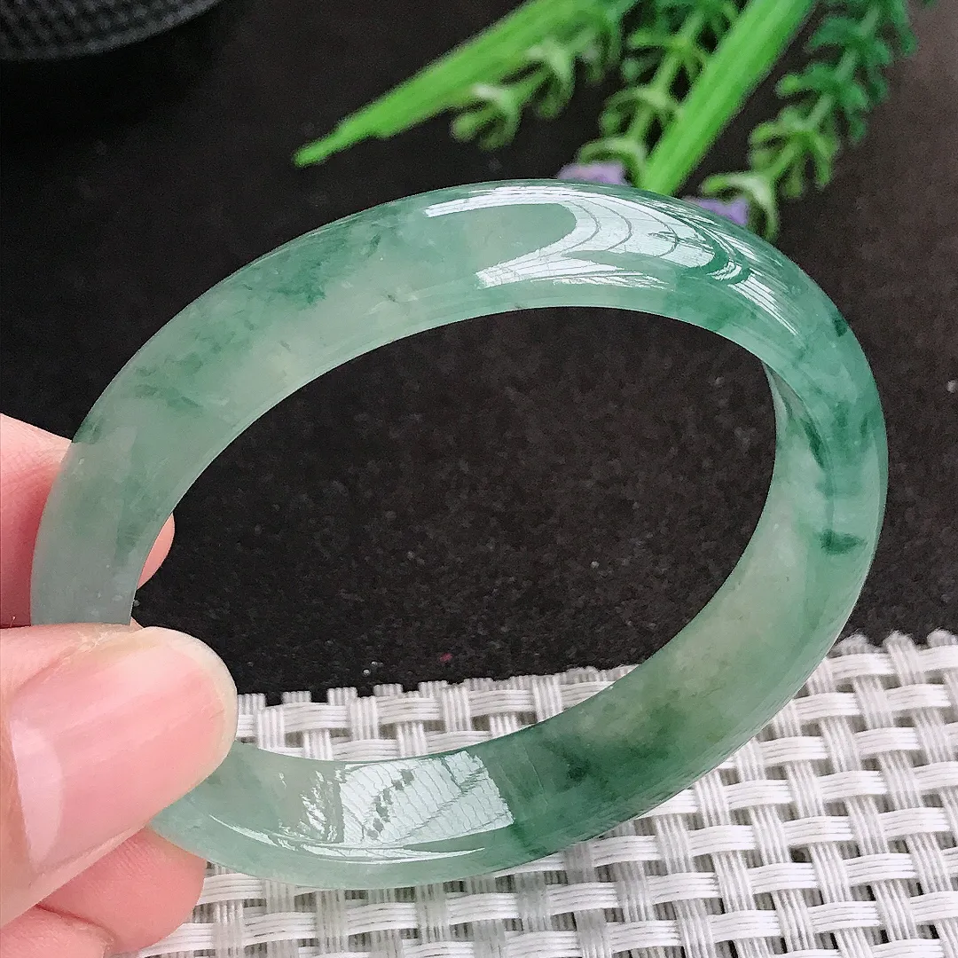 天然A货翡翠53/46/12.4/6.6老坑冰透果冻胶冰飘花贵妃手镯宽边玉镯