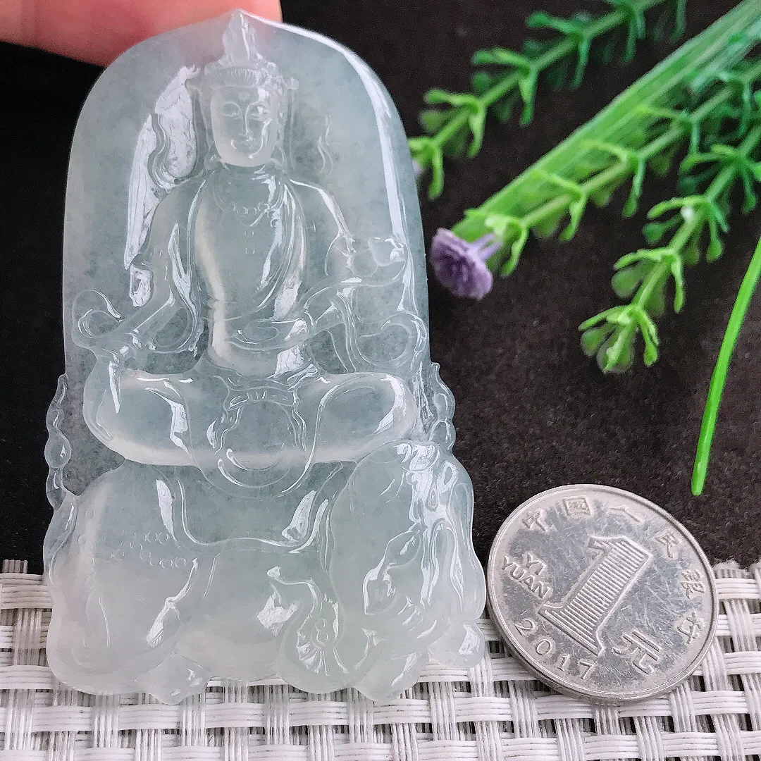 天然A货翡翠70/43.6/5.9老坑冰种起胶冰纯普贤菩萨吊坠翡翠挂件