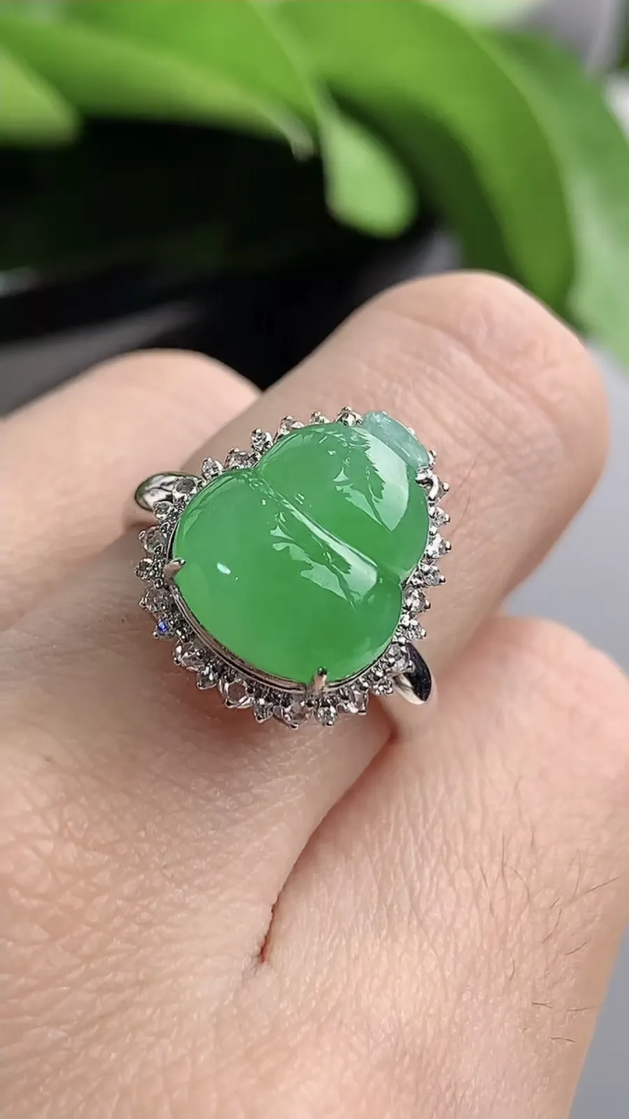 a货翡翠老坑冰种18K金伴钻镶嵌甜绿葫芦戒指 圈口17.4裸石尺寸12.3×10.7mm 重量3.28g 1208