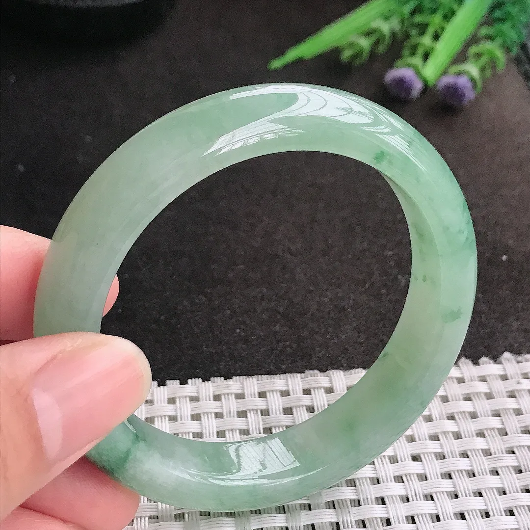 天然A货翡翠53/12.1/8.4老坑冰润起胶冰晴飘花手镯宽边玉镯