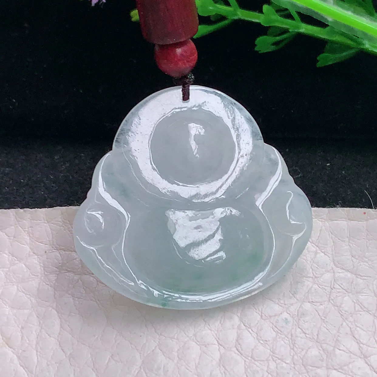 zen自然光31.3*35.8*6.6缅甸翡翠a货饱满冰飘花佛公 弥勒佛玉吊坠 玉挂件