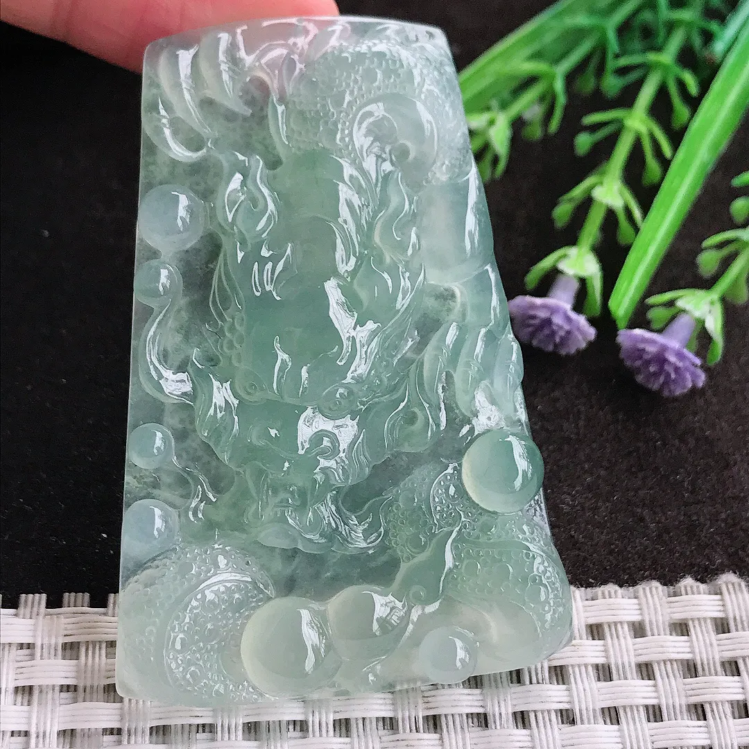 天然A货翡翠62.3/42.5/6老坑冰种果冻胶冰晴绿霸气龙牌吊坠翡翠挂件