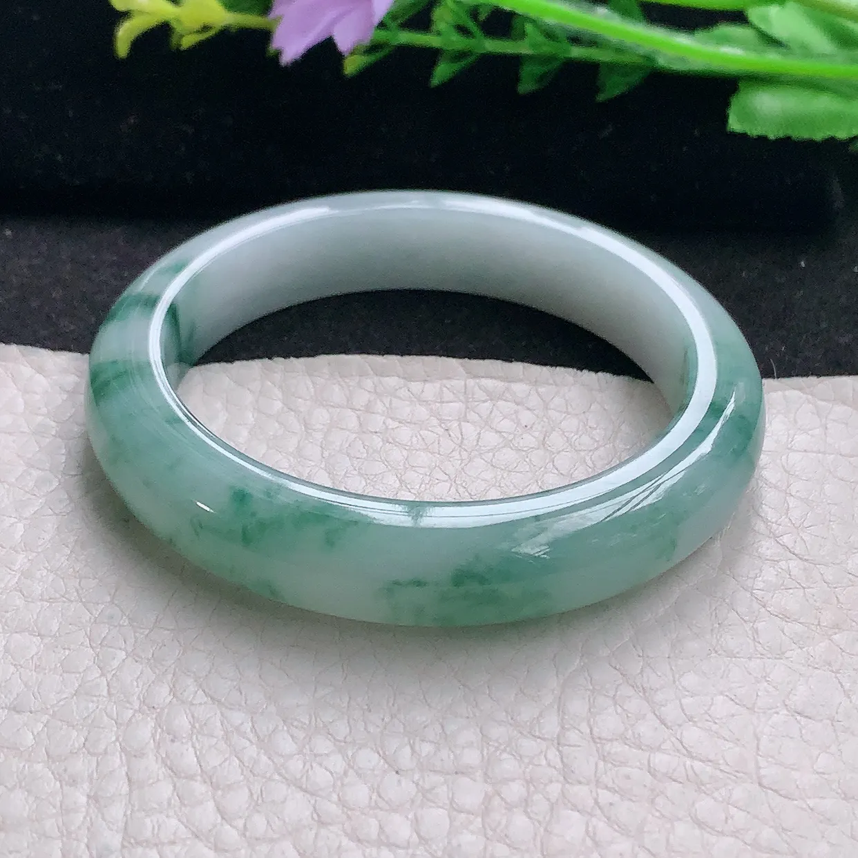 z自然光53*11.3*8.2平安镯 翡翠a货玉手镯冰飘花秀气宽边珠宝玉手环