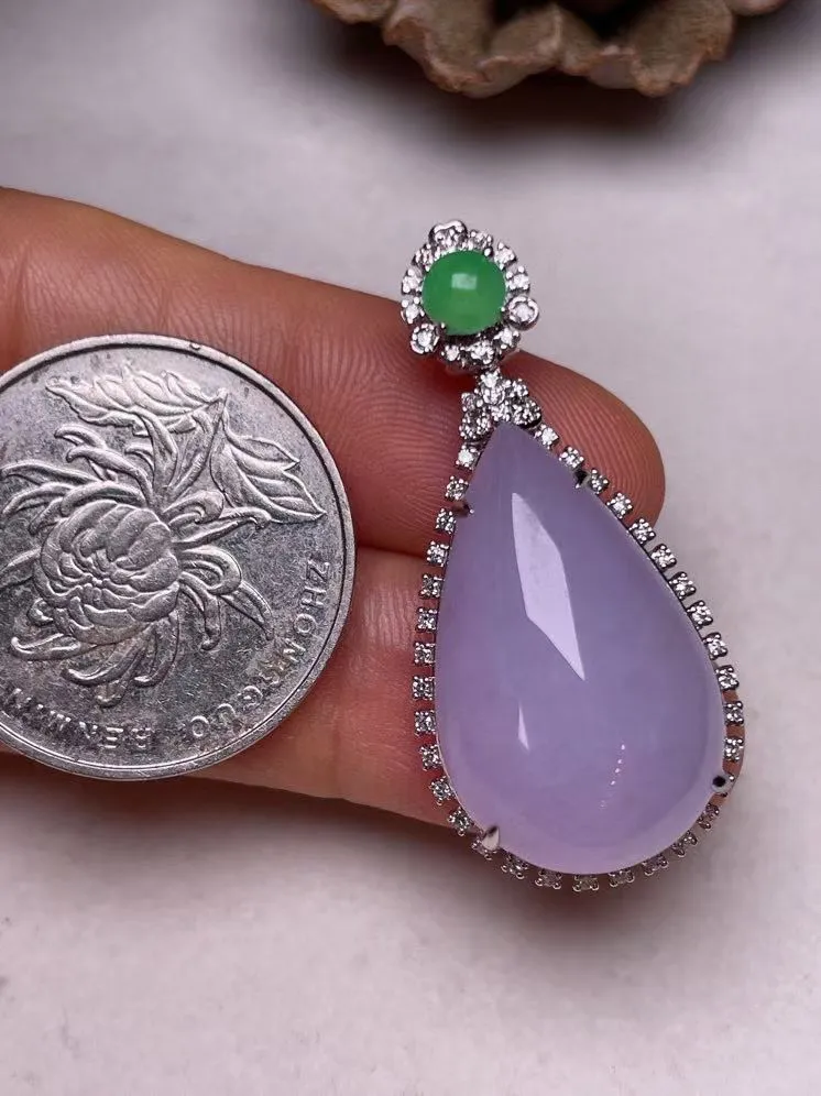 冰糯种紫罗兰滴水吊坠、真金真钻镶嵌，种水好，玉质细腻 .裸石尺寸 24.6*15.5