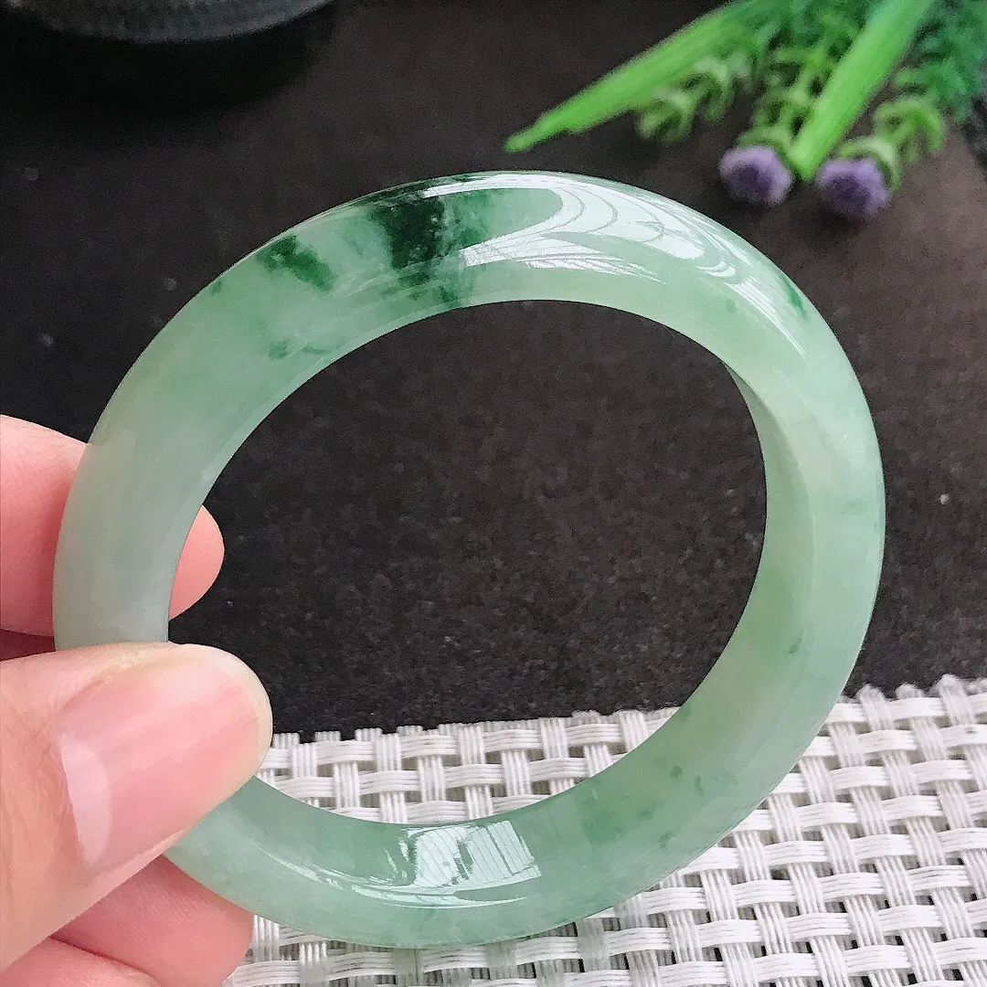 天然A货翡翠53/12.1/8.4老坑冰润起胶冰晴飘花手镯宽边玉镯