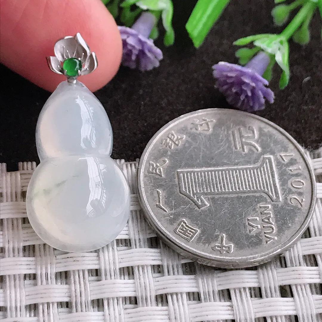 天然A货翡翠22.5/13.9/7老坑18k金镶嵌冰种起光葫芦吊坠翡翠挂件