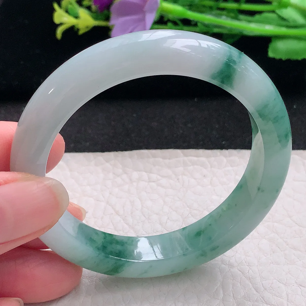 z自然光53*11.3*8.2平安镯 翡翠a货玉手镯冰飘花秀气宽边珠宝玉手环