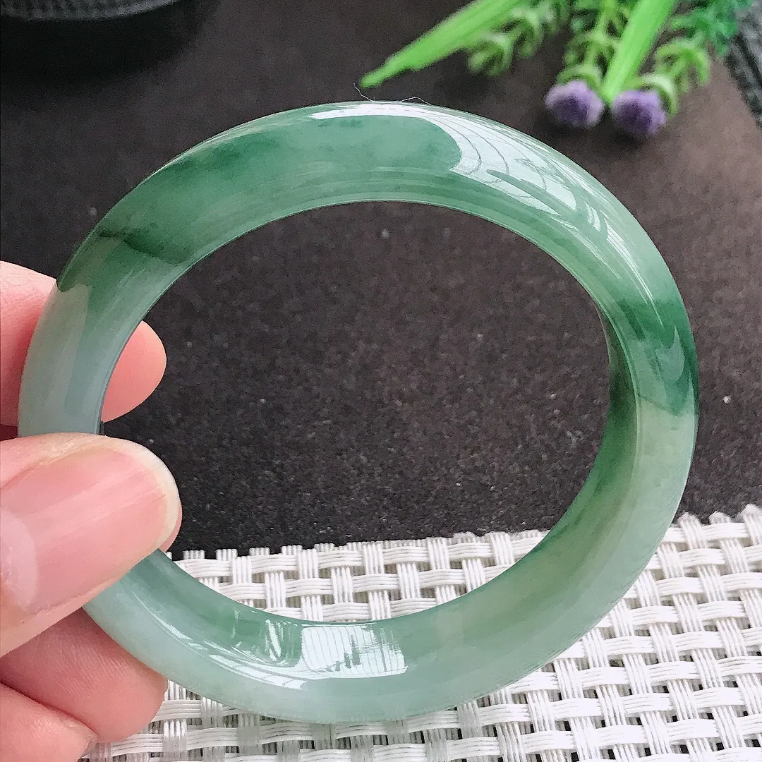 天然A货翡翠54.5/13.5/8.2老坑冰润起胶飘花手镯宽边玉镯