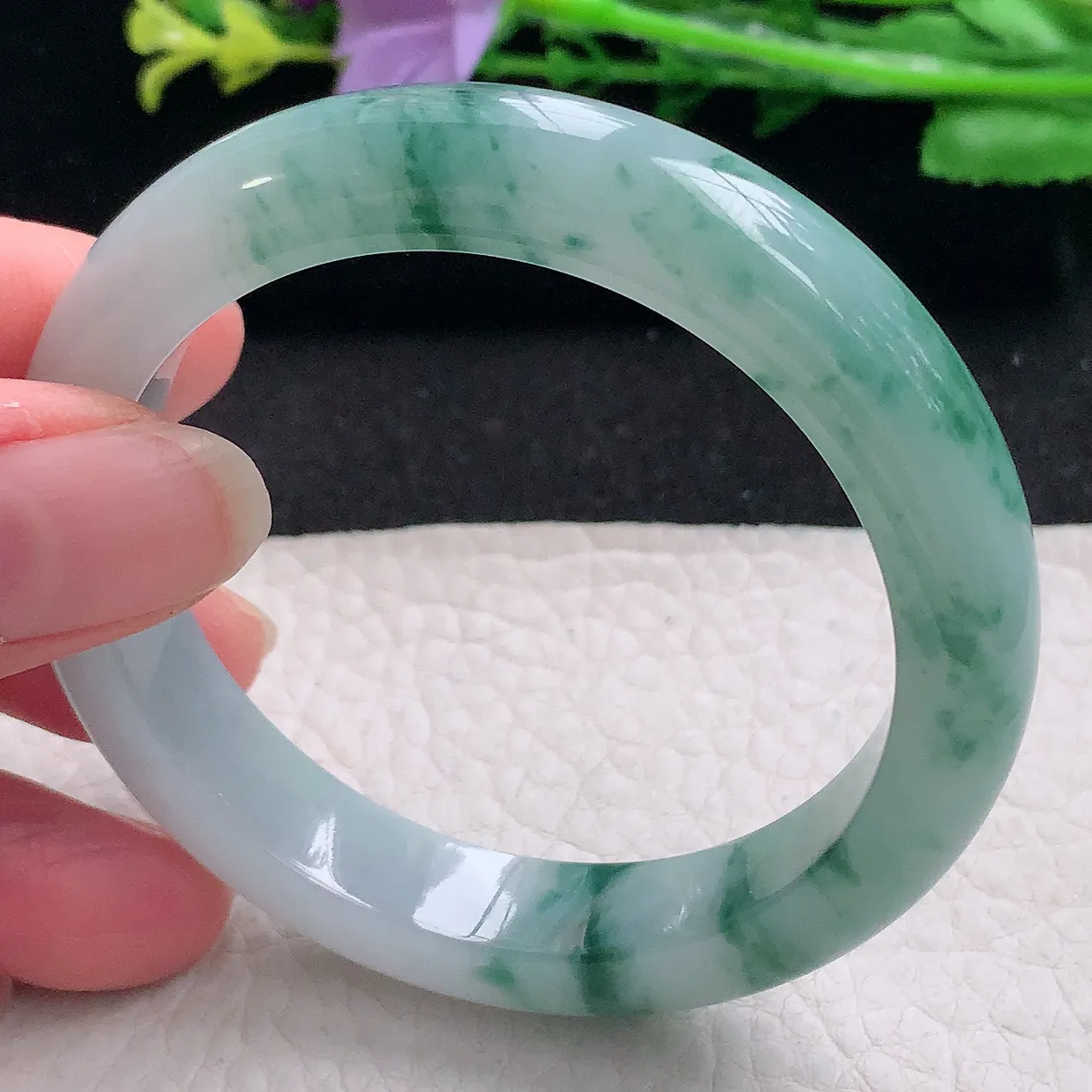 z自然光53*11.3*8.2平安镯 翡翠a货玉手镯冰飘花秀气宽边珠宝玉手环