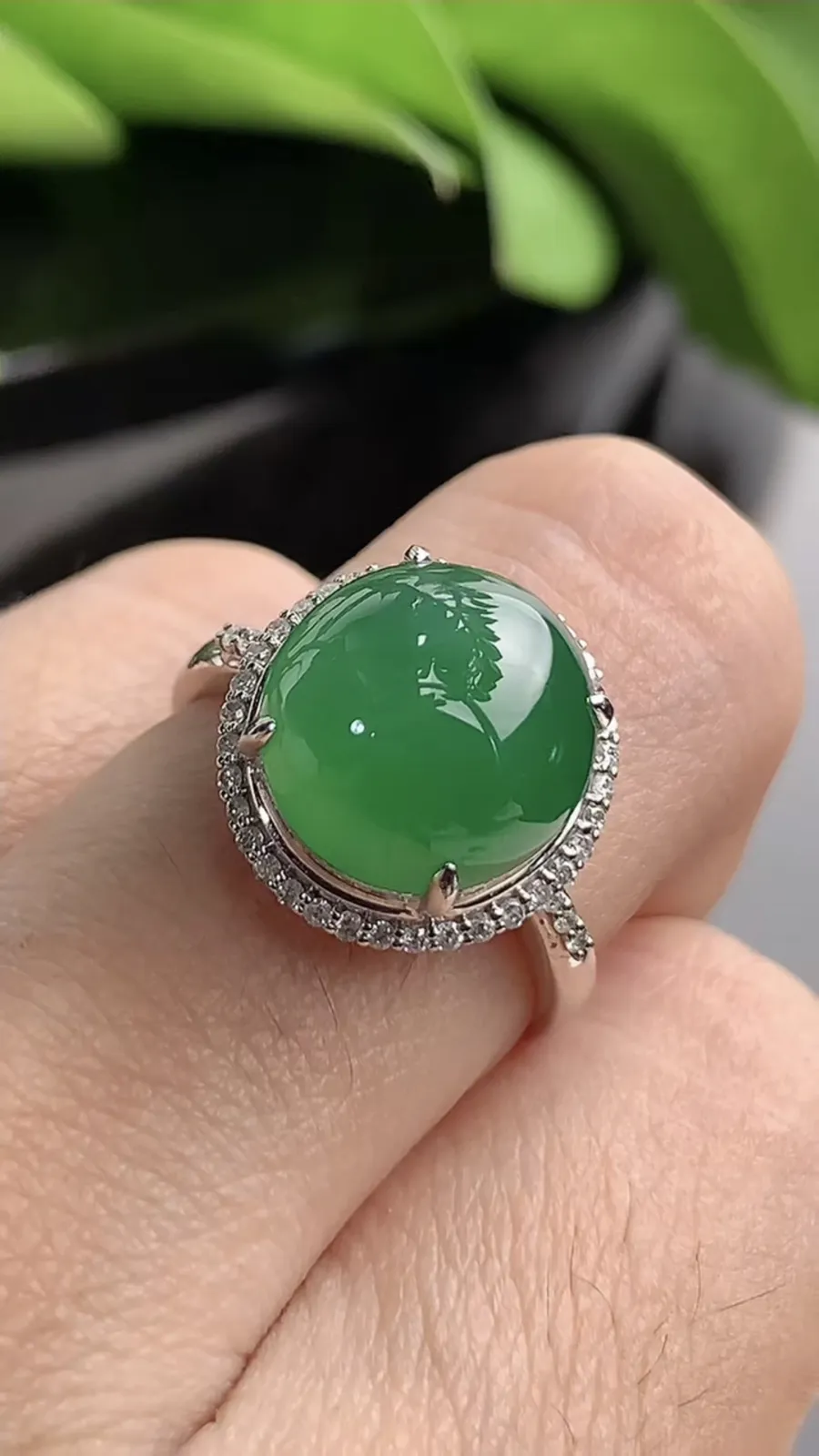 a货翡翠老坑冰种18K金伴钻镶嵌满绿蛋面戒指 圈口17.4裸石尺寸11.2×10.8mm 重量4.05g 1208