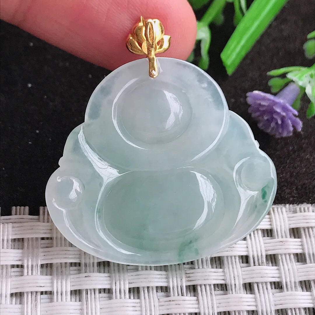 天然A货翡翠29.5/33/5.8老坑18k金镶嵌秀气冰润飘花佛公吊坠翡翠玉佛挂件