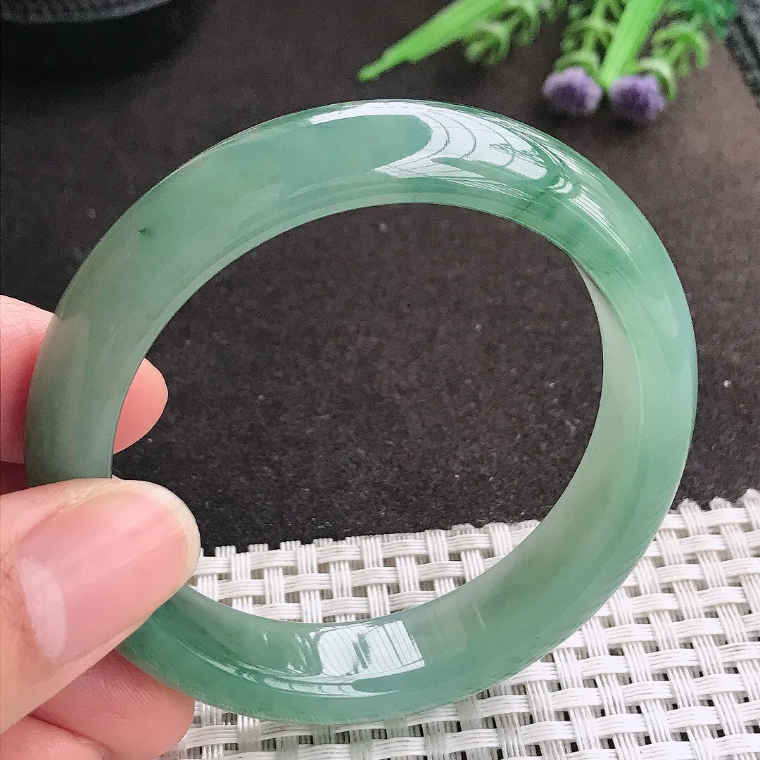 天然A货翡翠54.5/13.5/8.2老坑冰润起胶飘花手镯宽边玉镯