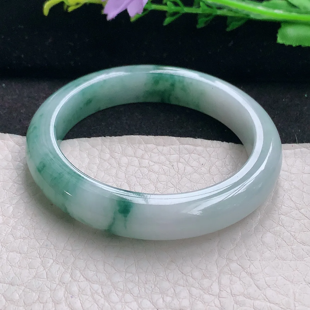 z自然光53*11.3*8.2平安镯 翡翠a货玉手镯冰飘花秀气宽边珠宝玉手环