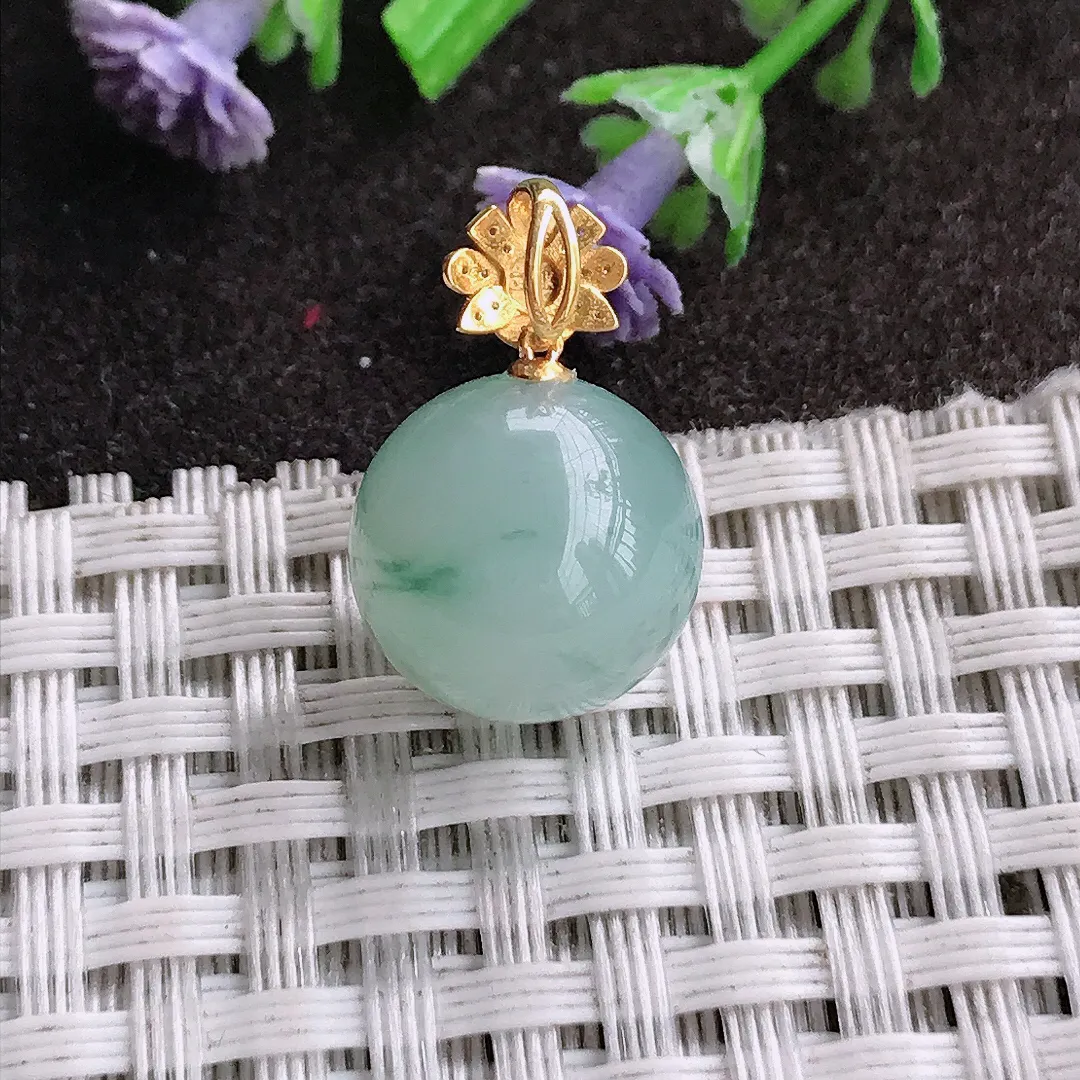 天然A货翡翠直径13.1老坑18k金镶嵌冰润飘花圆珠吊坠翡翠挂件